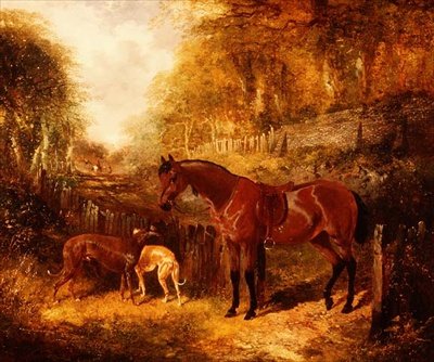 鞍をつけたベイポニーとグレイハウンド、森の中の川の風景 作： John Frederick Herring Jnr