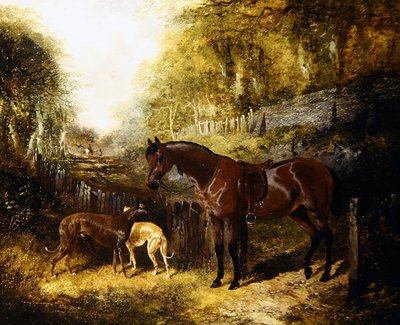 風景の中のポニーとグレイハウンド（油彩・キャンバス） 作： John Frederick Herring Jnr