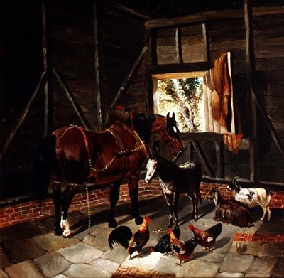 馬車の馬とロバのいる馬小屋の内部 作： John Frederick Herring Jnr