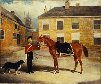 竜騎兵警備隊の将校、バラックの馬小屋での騎馬隊の騎兵、1839年 作： John Frederick Herring Senior
