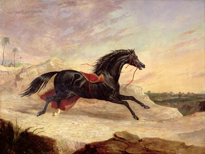 東の風景でゆるいアラブの馬を追いかけるアラブ人 作： John Frederick Herring Senior