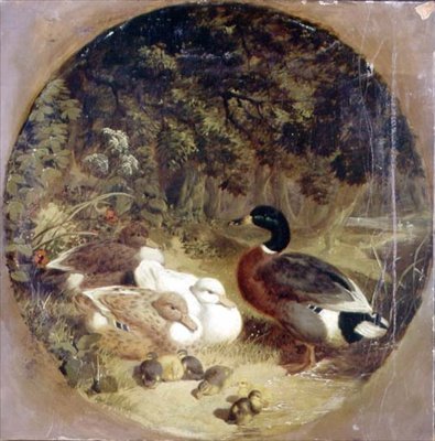 森の中の川の風景の中の鴨と鴨の子供たち 作： John Frederick Herring Senior