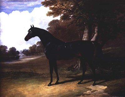森の中のダークベイホース「ゴーカス」（油彩・キャンバス 作： John Frederick Herring Senior