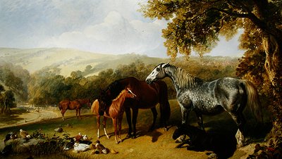 風景の中の雌馬と子馬（油彩・キャンバス） 作： John Frederick Herring Senior