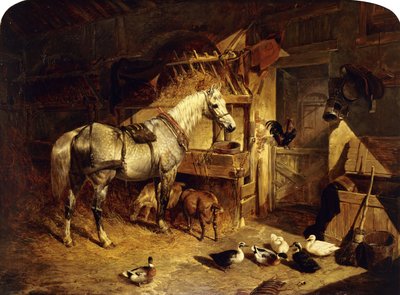 馬小屋の内部の馬小屋の灰色の馬、ハーネス、アヒル、ヤギ、および飼い葉桶でおんどり、1843 作： John Frederick Herring Senior