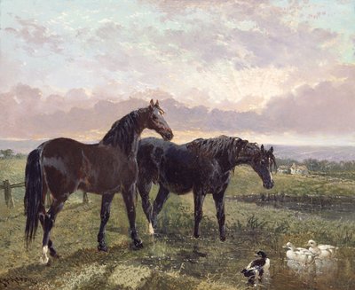 日没で放牧2頭の馬 作： John Frederick Herring Senior