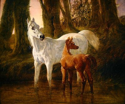 渓流での水やり中に驚いた雌馬と子馬 作： John Frederick Herring Senior