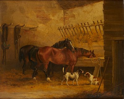 安定した室内の馬と犬 (キャンバスに油彩) 作： John Frederick Jr. (attr.to) Herring