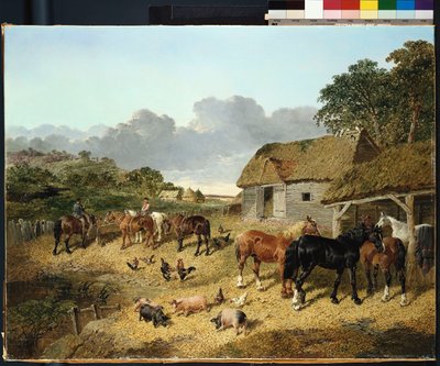 養豚場で豚と鶏を飼っている水桶から飲む馬 作： John Frederick Herring Junior