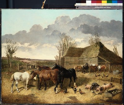農場で豚と鶏と一緒に飼い葉桶から食べる馬 作： John Frederick Herring Junior