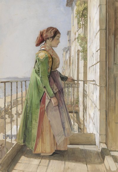 バルコニーに立っているギリシャの少女、1840年頃（紙の上のグラファイトの上に水彩とガッシュ） 作： John Frederick Lewis