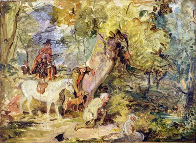 &39;Foresters Stalking Deer&39;のスケッチ（パネルの炭に油を塗る） 作： John Frederick Lewis
