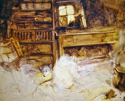 ハイランドのコテージにいるテリア（鉛筆・水彩・紙） 作： John Frederick Lewis