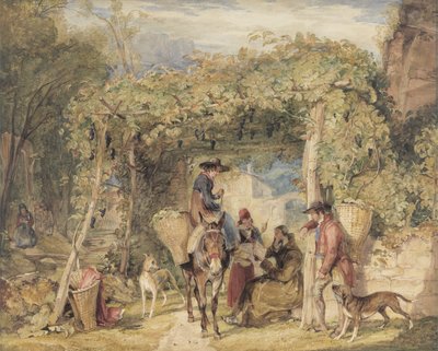 ブドウ園の人物と動物、1829年頃（紙に水彩、ガッシュ、グラファイト） 作： John Frederick Lewis