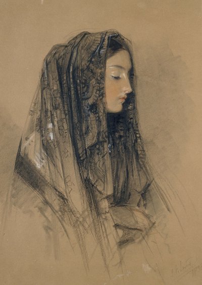 1838年のマンティーリャのイタリア人少女の頭（赤と黒のチョークとインドのインク、水彩画とバフボードのボディカラー） 作： John Frederick Lewis