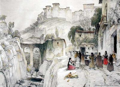 Alameda del Darroから見たアルハンブラ宮殿の一部（「アルハンブラ宮殿のスケッチとデッサン」より 作： John Frederick Lewis