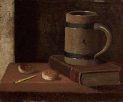 マグカップ、本、ビスケット、マッチ 作： John Frederick Peto