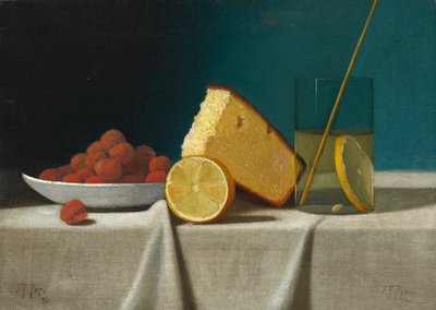 ケーキ、レモン、イチゴ、グラスのある静物 作： John Frederick Peto