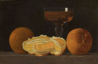 オレンジとワインの入ったゴブレットのある静物画 作： John Frederick Peto