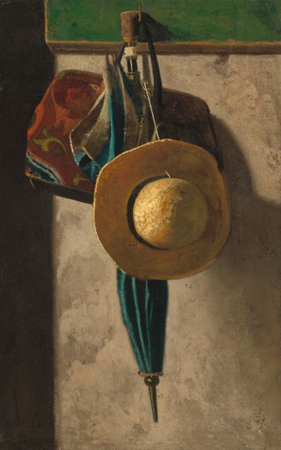 麦わら帽子、バッグ、傘、1900年頃（キャンバスボードから移された生地に油彩） 作： John Frederick Peto