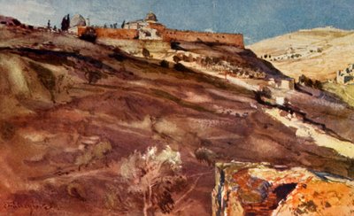 エルサレム。 -寺院の南壁、ヒンノムの谷から、日没時、1902年。 作： John Fulleylove