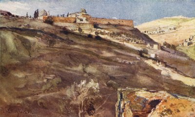 エルサレム、ヒンノムの谷から日没で、寺院の南壁 作： John Fulleylove