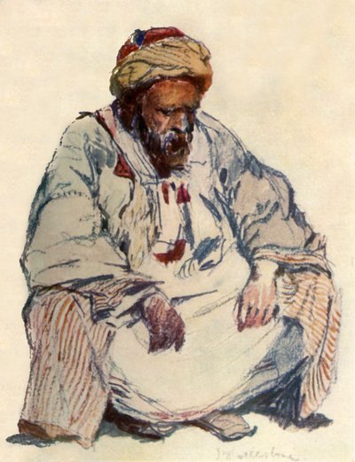 シープスキンコートのシリアの羊飼いの着席フィギュア、1902年。 作： John Fulleylove
