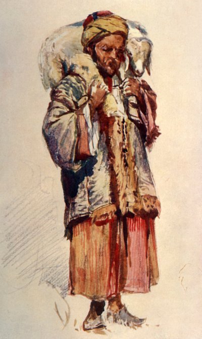 シリアの羊飼い、アブムスタファが肩に子羊を運ぶ、1902年。 作： John Fulleylove