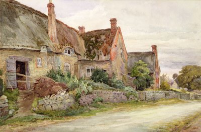 隣接する納屋のあるわらぶき屋根のコテージ、1881年（WCと紙に黒鉛） 作： John Fulleylove