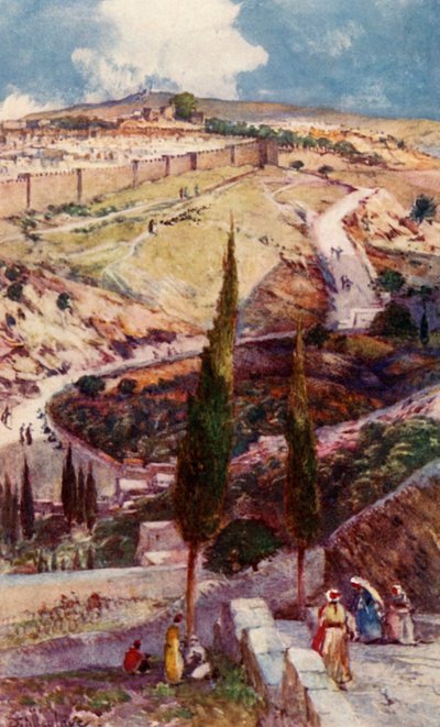 エルサレムの北東端とオリーブ山からのミツパ、1902年。 作： John Fulleylove