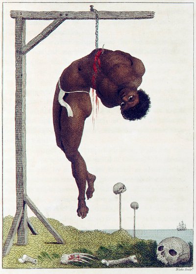 パブの絞首台に肋骨で生きたまま吊るされた黒人。 1796年。 作： John Gabriel Stedman