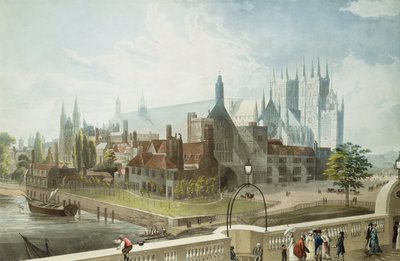 ダニエルハヴェル（1785-1826）によって刻まれたウェストミンスターホールアンドアビー、ルドルフアッカーマン（1764-1834）によって出版された1819年（着色されたアクアチント） 作： John Gendall
