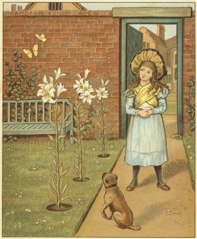 壁に囲まれた庭の女の子、ユリと彼女の犬 (色リソ) 作： John George (after) Sowerby