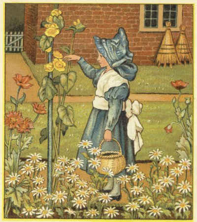 タチアオイ、ポピー、ヒナギクと一緒に庭にいる女の子（カラーリソ） 作： John George (after) Sowerby