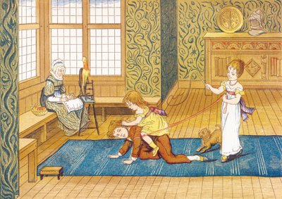 遊びの時間 - ゲームの時間、3人の子供たちが遊ぶ、末っ子は弟の背中に乗り、妹の持つトナカイにくっつき、居間で、羊毛を紡いでいる祖母のそばで。 作： John George & Emmerson Henry Hetherington (1831 1895) Sowerby