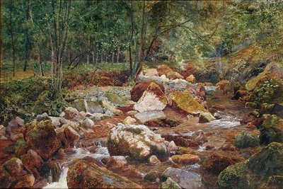 木々が生い茂る岩の多い渓流（水彩・ボディカラー・アラビアゴム・紙） 作： John George Sowerby