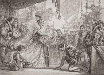 エリザベス女王I（1530-1603）の騎士フランシスドレイク（1540-96）「Illustrations of English and Scottish History」Volume I 作： John Gilbert