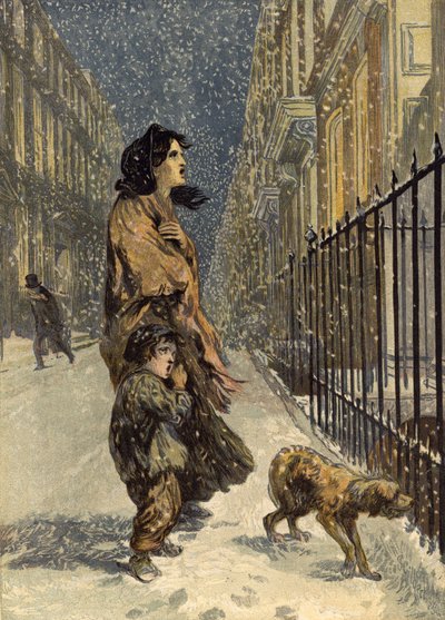 雪の中で犬を飼っているホームレスの貧しい人々、母と子（クロモリト） 作： John Gilbert