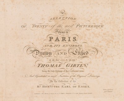 パリの最も美しい景色の 20 の選択とその周辺: タイトル ページ、1803 年。 作： John Girtin