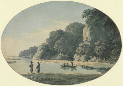 フィッシャーマンのいる川、1792年（紙に黒鉛の上にトイレ） 作： John Glover