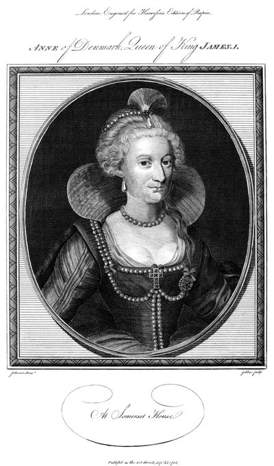 デンマークのアン1574-1619、ジェームズ1世の女王の配偶者、1786年。 作： John Goldar