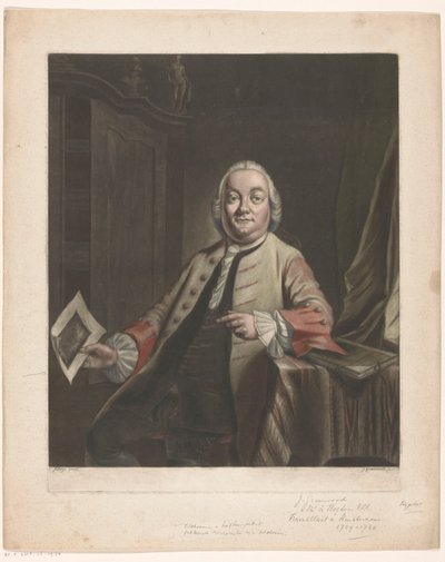 ゲリット・ハゲドーレンの家の略奪の版画を手にしたシモン・フォッケの肖像、1751年 作： John Greenwood
