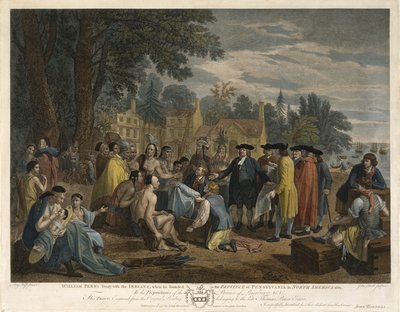 ウィリアムペンインディアンとの条約、1775年（紙に水彩で彫刻とエッチング） 作： John Hall