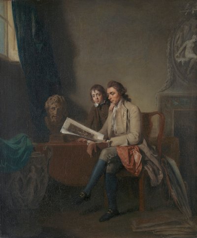 版画を見る男と少年の肖像 作： John Hamilton Mortimer