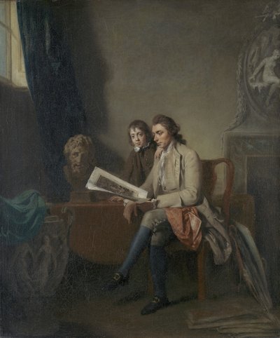 版画を見ている男と少年の肖像、c.1765-70 作： John Hamilton Mortimer