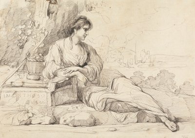 イタリアの風景に横たわる女性像 作： John Hamilton Mortimer