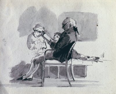 父親が子供たちに朗読（紙にペンとインクで洗う） 作： John Harden