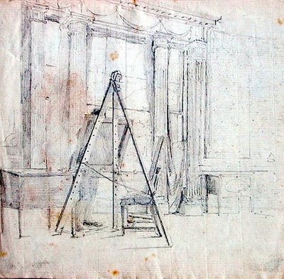 イーゼルに立つアーティスト（紙に鉛筆） 作： John Harden