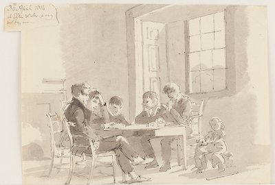 ストーターズ、エルターウォーター、1814年に読んでいる少年たち（ペン＆インク、紙にウォッシュ） 作： John Harden