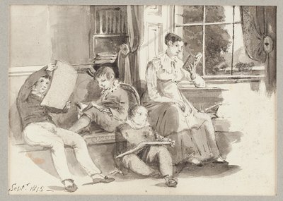 ジェシーと3人の子供、1815年（紙にトイレ） 作： John Harden
